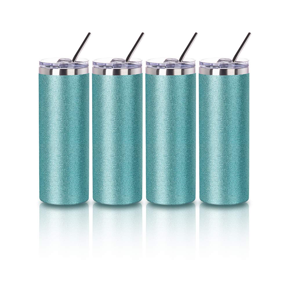 PYD Life Sublimation Blank Glitter Skinny Tumbler Teal 20 OZ Straight Stainless Steel Tumbler with Metal Straw for Tumbler Heat Press Machine Heat Transfer 4 Pack PYD Life