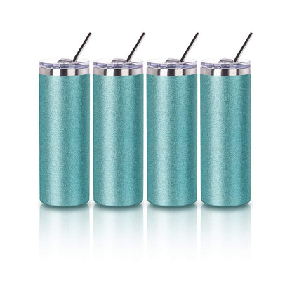 PYD Life Sublimation Blank Glitter Skinny Tumbler Teal 20 OZ Straight Stainless Steel Tumbler with Metal Straw for Tumbler Heat Press Machine Heat Transfer 4 Pack