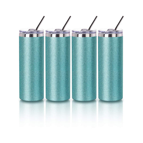 PYD Life Sublimation Blank Glitter Skinny Tumbler Teal 20 OZ Straight Stainless Steel Tumbler with Metal Straw for Tumbler Heat Press Machine Heat Transfer 4 Pack PYD Life