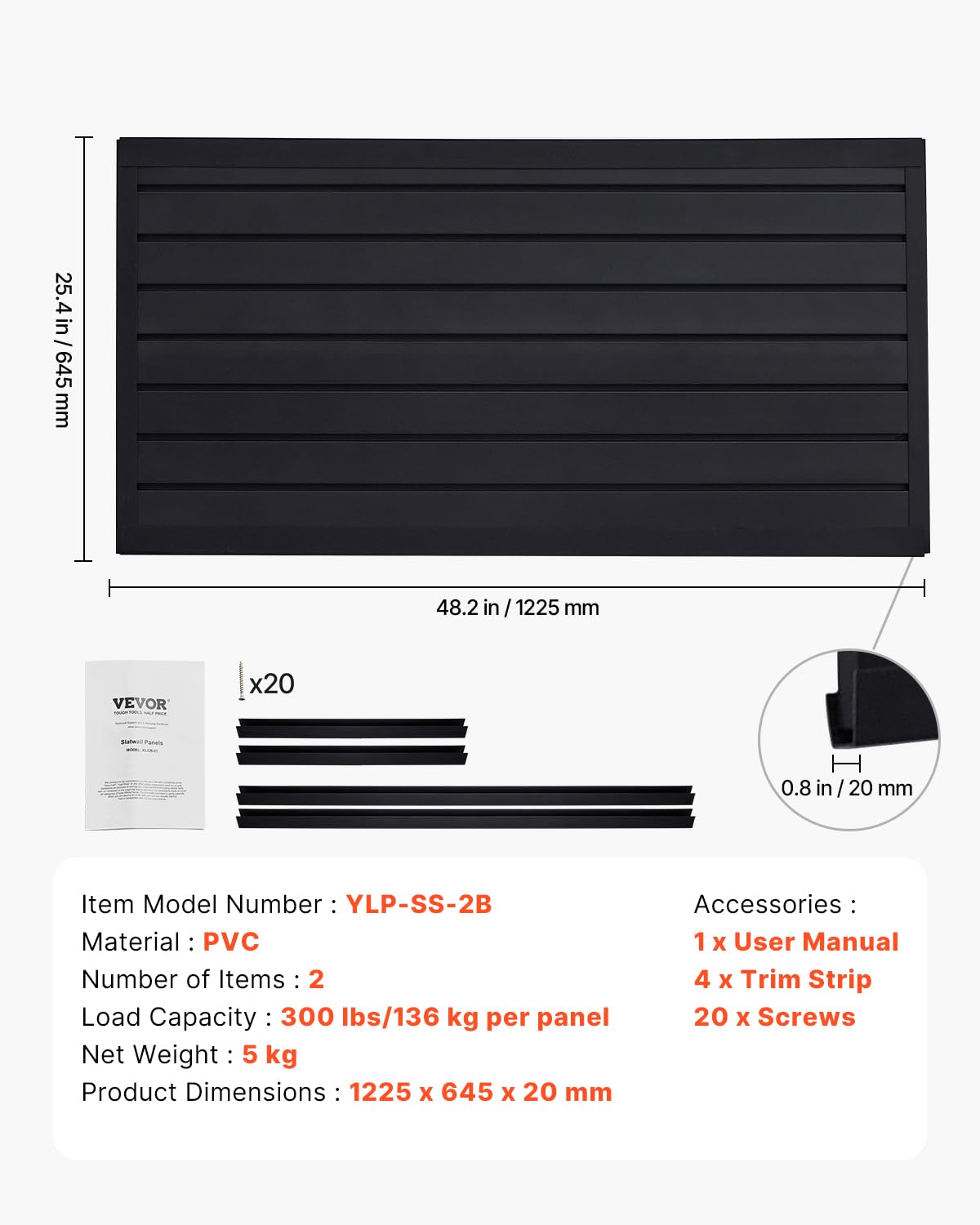 VEVOR Slat Wall Paneling, 2 x 4 ft, PVC Garage Slatwall with Modular Design, Black Slat Wall Easy-to-Install Adjustable Slatwall Panel with Coupling Structure & DIY Cutting, Fits for Storage & Display VEVOR