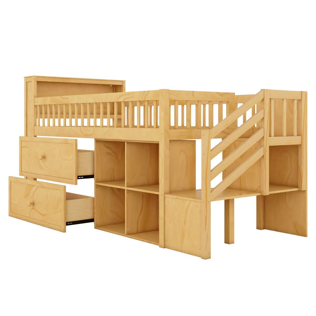 JIJIWANG Twin Size Loft Bed with LED and Bookshelf, Wood Low Loft Bed with Stairs,Twin Loft Bed with Storage Drawers and Shelves,Natural JIJIWANG