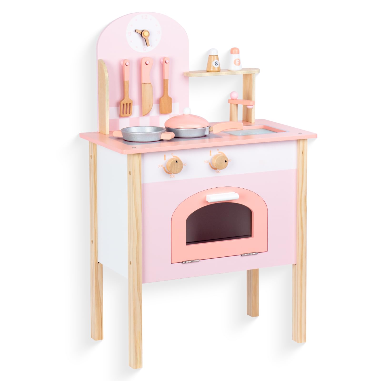 WoodenEdu Play Kitchen for Kids 3-8, Wooden Kids Play Kitchen Playset Chef Pretend Play Set for Toddlers, Toys Kitchen with Cookware Accessories (Small Pink Kitchen) - WoodArtSupply