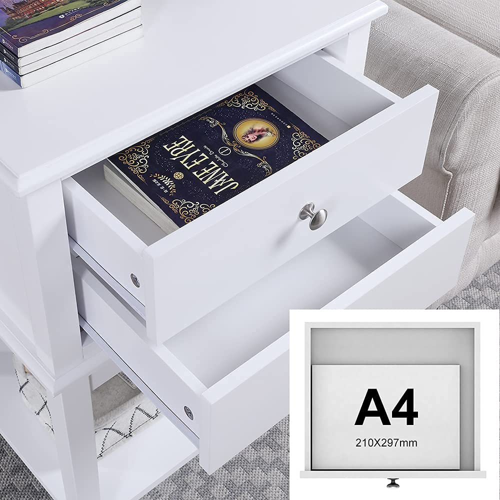 conifferism White Nightstand 2 Drawers and Storage Shelf, 28" High Bedroom Night Stand, Contemporary Modern Bed Side Table, Living Room Country Cottage 19" Wide End Table Metal Sliders conifferism