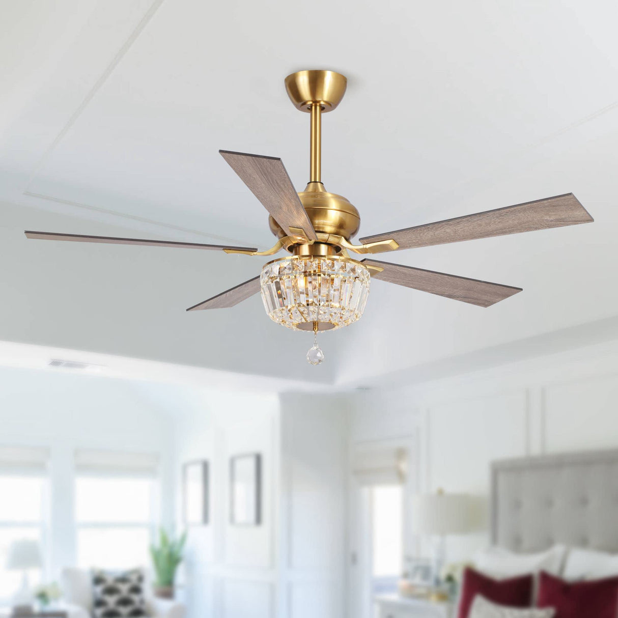 Gold Ceiling Fans with Lights and Remote, 52 Inch Ceiling Fan for Bedroom Living Room, Crystal Chandelier Outdoor Ceiling Fans with LED Light, Reversible 5 Blades, Ventilador de Techo con Luz Parrot Uncle