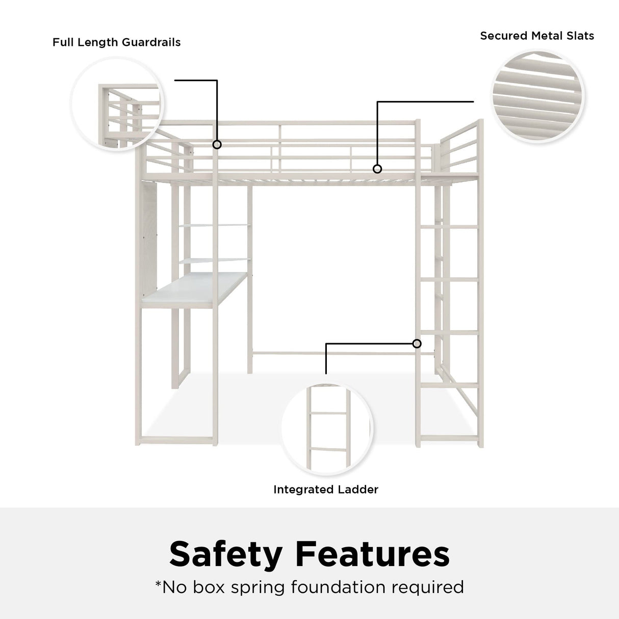 DHP Abode Full Size Metal Loft Bed, Off-White DHP
