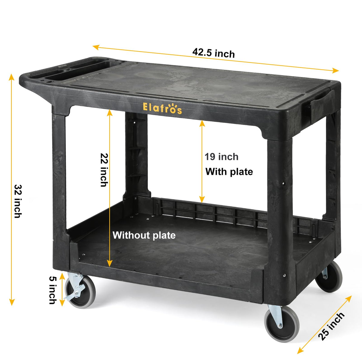ELAFROS Large Heavy Duty Plastic Utility Cart Flat top 42.5 x 25 Inch - Work Cart Flat Shelves and Full Swivel Wheels Holds up to 550 lbs - 2 Tier Service Cart for Warehouse,Garage, Cleaning Black ELAFROS