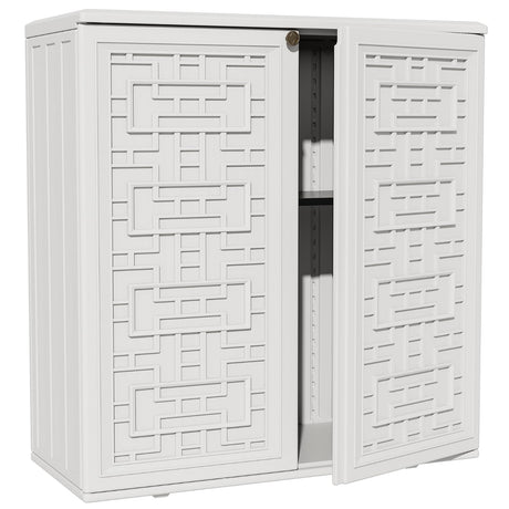 ZZM HDPE Outdoor Storage Shed, Outdoor Plastic Storage Cabinet, Horizontal Resin Tool Shed for Garden, All Weather Outdoor Storage Clearance, DIY Usage,Lockable and with one Shelf (White) ZZM