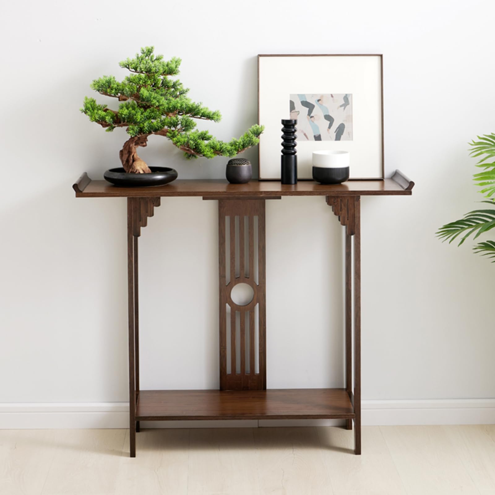 SanBouSi 2-Tier Bamboo Sofa Console Table, 40 Inch Vintage Chinese Country Entry Table Narrow Entryway Table for Entryway, Living Room, Hallway, Brown - WoodArtSupply