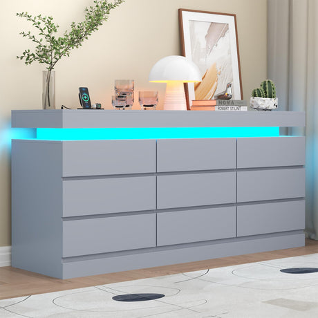 Gyfimoie 9 Drawer Dresser with Power Outlet, Dresser with LED Light, Modern Chest of Drawers for Closet, Double Wide Drawer Organizer Cabinet for Bedroom, Living Room (Grey, 9 Drawers) Gyfimoie