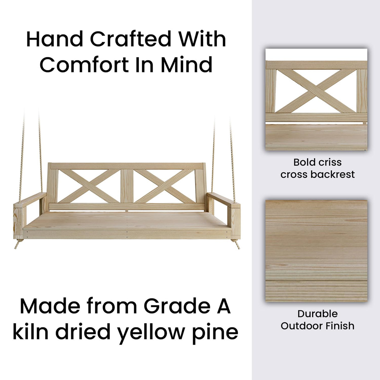 Malvern 5 Foot Wood Porch Swing Bed in Unfinished, Amish Handcrafted Daybed Style Swing Amish Casual