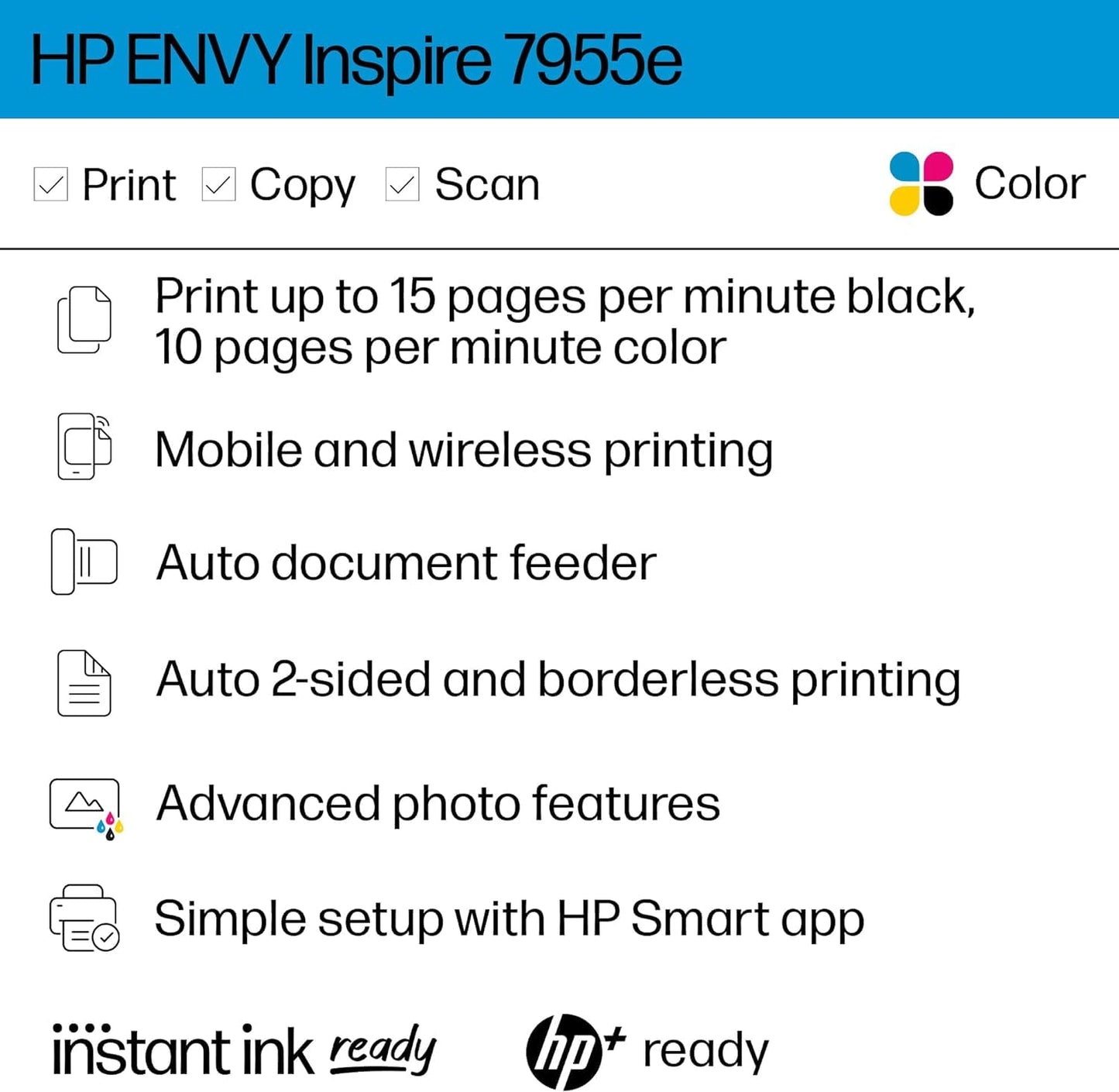 HP Envy Inspire 7955e Inkjet Printer All in One Wireless Printer Copy Scanners 2.7 Inch Touchscreen 15ppm Black 10ppm Color Phone Computer Wireless Printers for Home Use Office 1W2Y8A (Renewed)