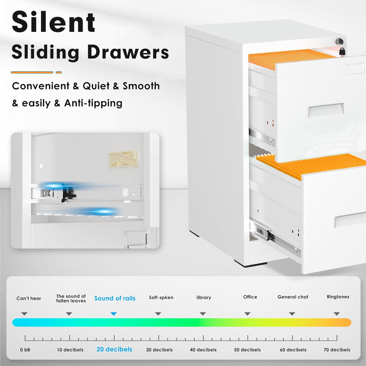 INTERGREAT 2 Drawer File Cabinet, White Metal Filing Cabinet with Lock, Lockable Narrow Storage Cabinet with 4 Adjustable Hanging Rods for Home Office INTERGREAT