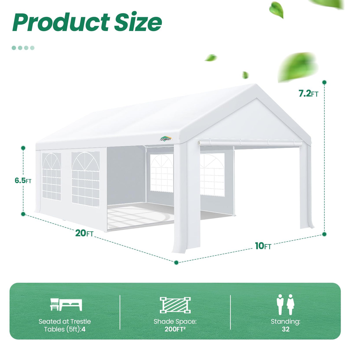 COBIZI 10x20 Party Tent Heavy Duty, 10x20 Canopy with Removable Sidewalls & 4 Built-in Sandbag, Commercial Wedding Large Tent, UV 50+, Waterproof, White COBIZI