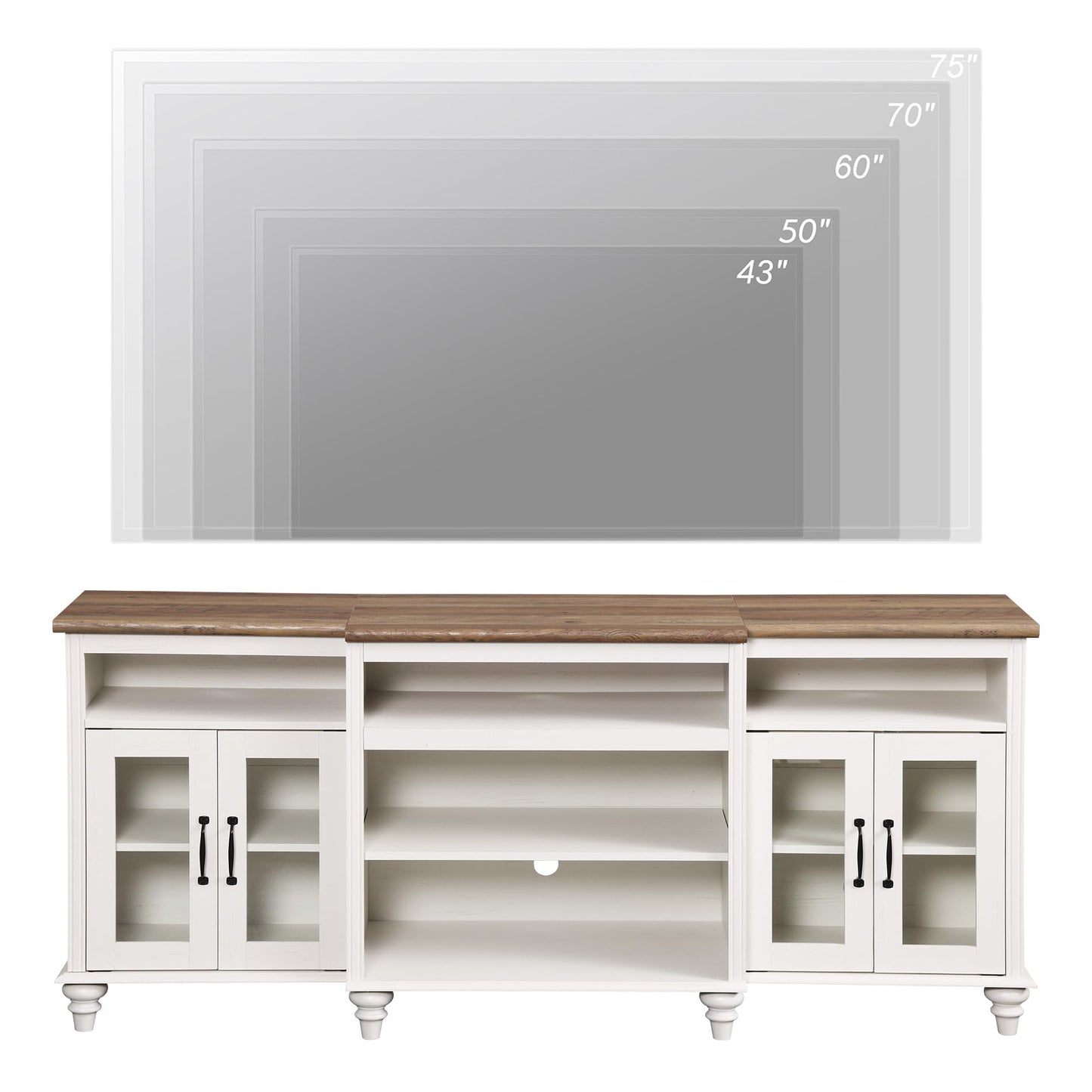 WAMPAT Farmhouse TV Stand for TVs Up to 75 inch, 4-Door Glass and Wood Universal TV Console with 9 Storage Cabinets, White Entertainment Center Table for Living Room Bedroom，White 70'' - WoodArtSupply