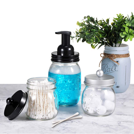 SheeChung Small Mason Jar, Glass Qtip Holder, Apothecary Jars with Lids, Bathroom Organizers and Storage, Bathroom Canister for Q-tips, Cottons, Floss, Balls, Cotton Swabs, Farmhouse Decor-Black SheeChung