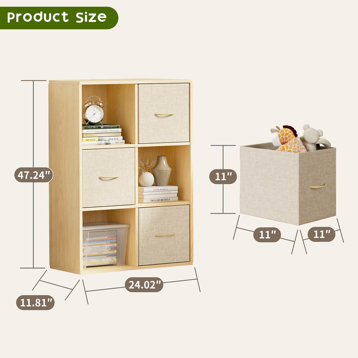 EXPERLAM 6 Cube Storage Organizer - Solid Wood Bookshelf with 3 Storage Bins, Cube Shelf with 2 Removable Back Panels, Vertical or Horizontal Bookcase, Open Book Shelf for Bedroom, Living Room, Office EXPERLAM