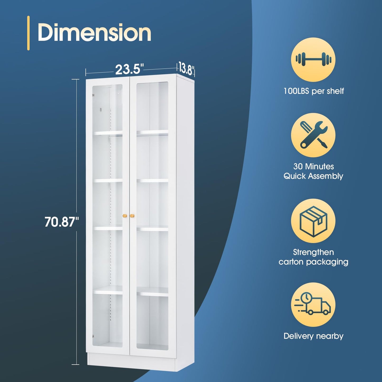 IRONMIX Modern Display Cabinet with Doors, Metal Curio Display Cabinet with Adjustable Shelves, 70.87" H China Cabinet, White Book Shelf with Storage Cabinet for Home Office Living Room