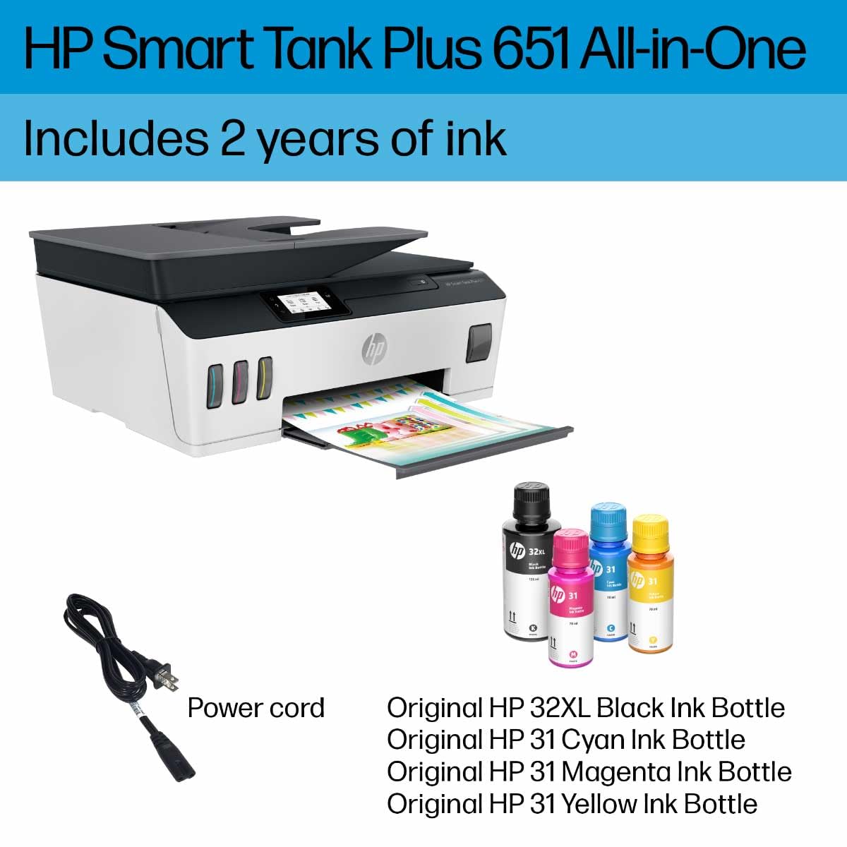 HP Smart -Tank Plus 651 Wireless All-in-One Ink -Tank Printer, up to 2 Years of Ink in Bottles, Auto Document Feeder, Mobile Print, Scan, Copy, Works with Alexa (7XV38A)