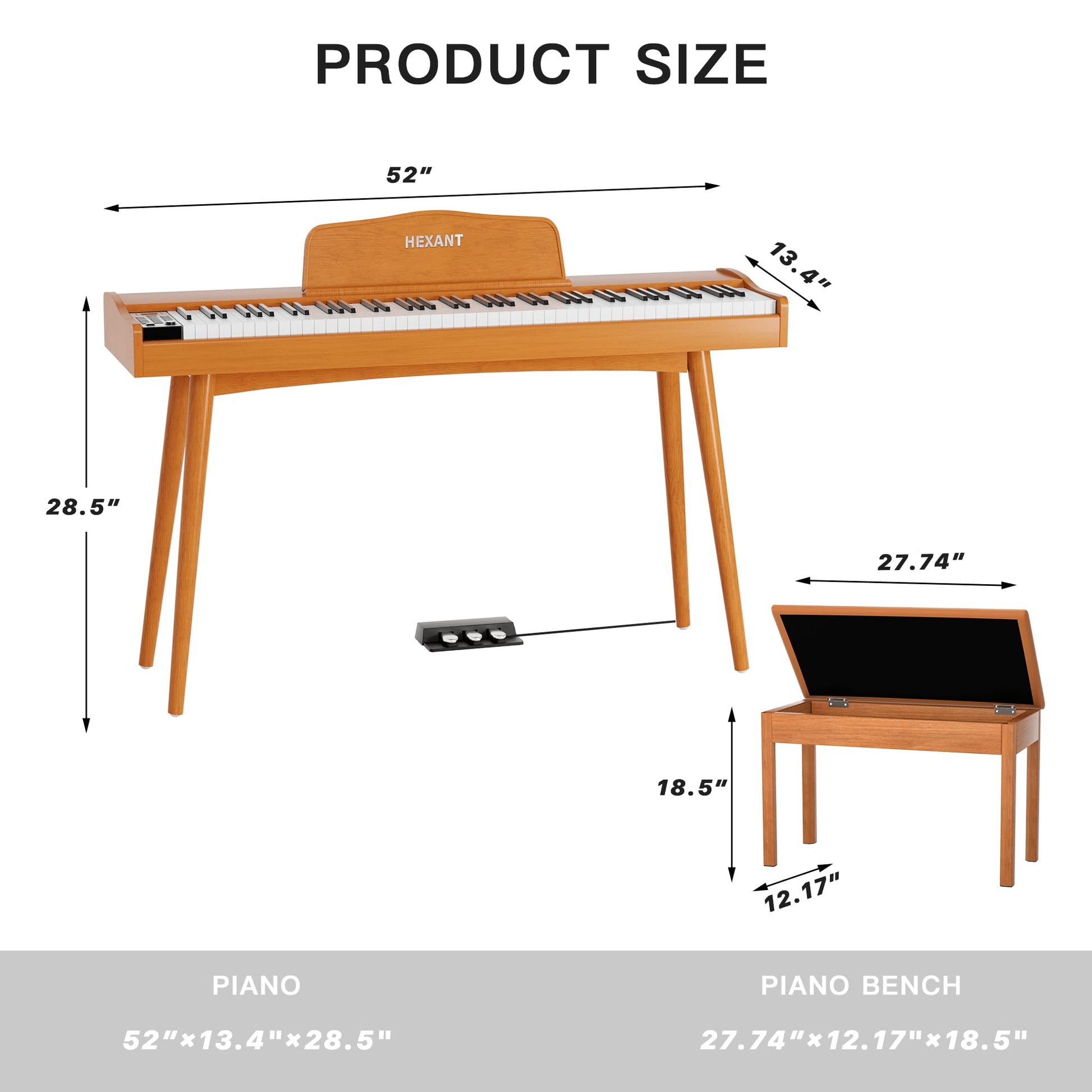 HEXANT 88- Key Digital Keyboard Piano, Wooden Electric Hammer Weighted Full Size Keyboard Piano, with 3-Pedal, MIDI Connection, Multi-Functional - WoodArtSupply