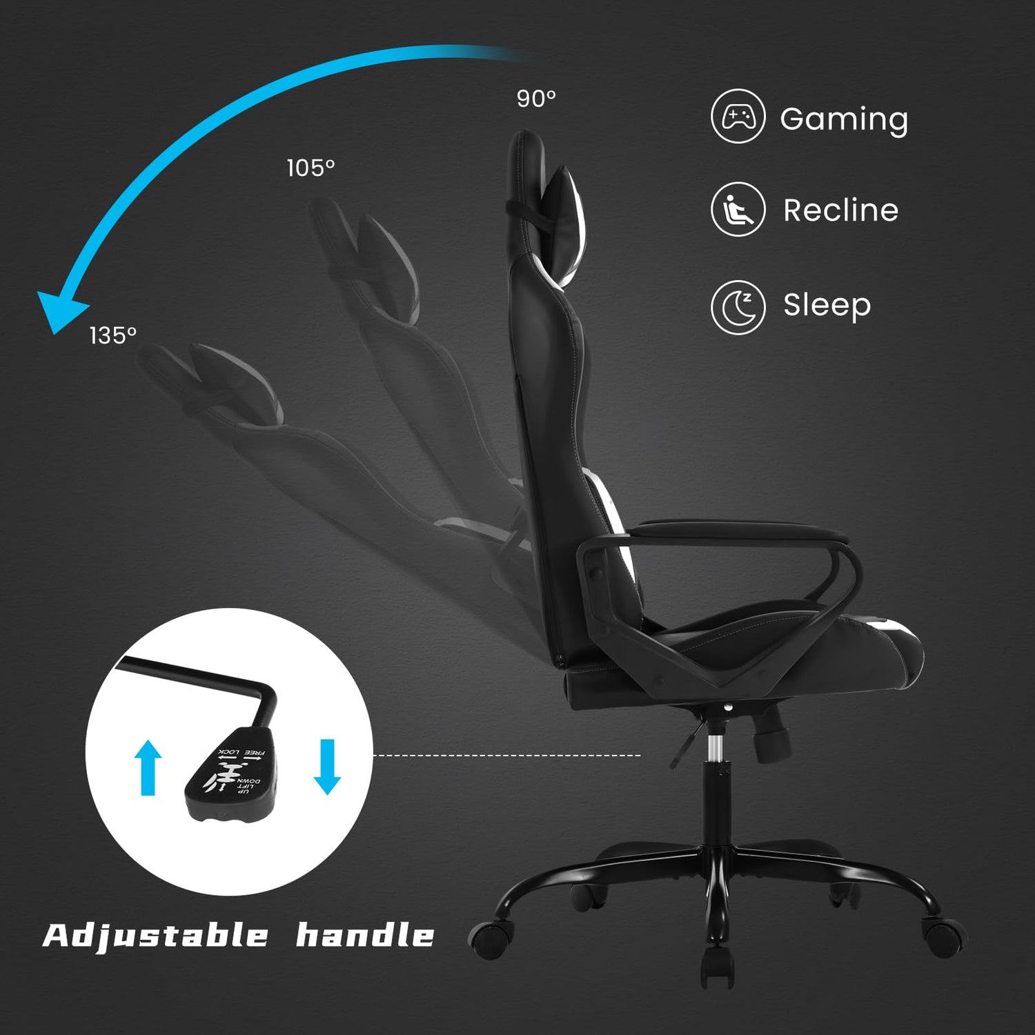 High-Back Racing Office Gaming Chair - PU Leather Reclining Computer Desk Chair with Lumbar Support and Swivel Function - Black Heavy Duty Executive Chair for Adults RROCOSIA
