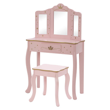 UTEX Pretend Play Kids Vanity Set with Mirror and Stool, Kids Make Up Vanity Desk with Mirrror for Little Girls, Children Makeup Dressing Table with Drawer, Pink