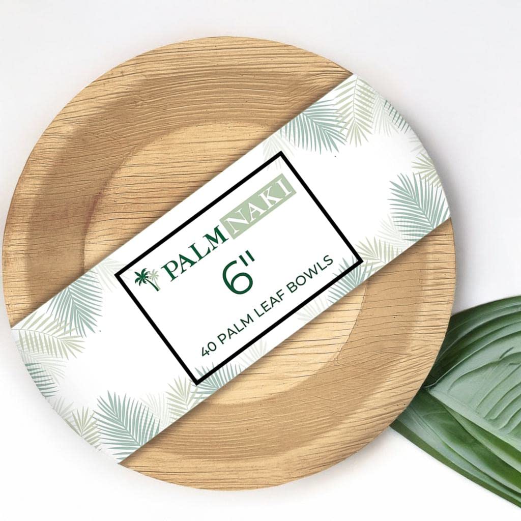 PALM NAKI Palm Leaf Bowls | 6" Round | Compostable Bamboo-Style Decorative Bowls | Ideal for Events, Gatherings, and Everyday Elegance - 40 Pack