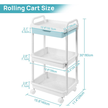 Vtopmart 3-Tier Rolling Utility Cart with Drawer, Plastic Storage Cart Trolley with Lockable Casters, Multifunctional Storage Basket Organizer Shelves, Easy Assemble for Bathroom, Kitchen