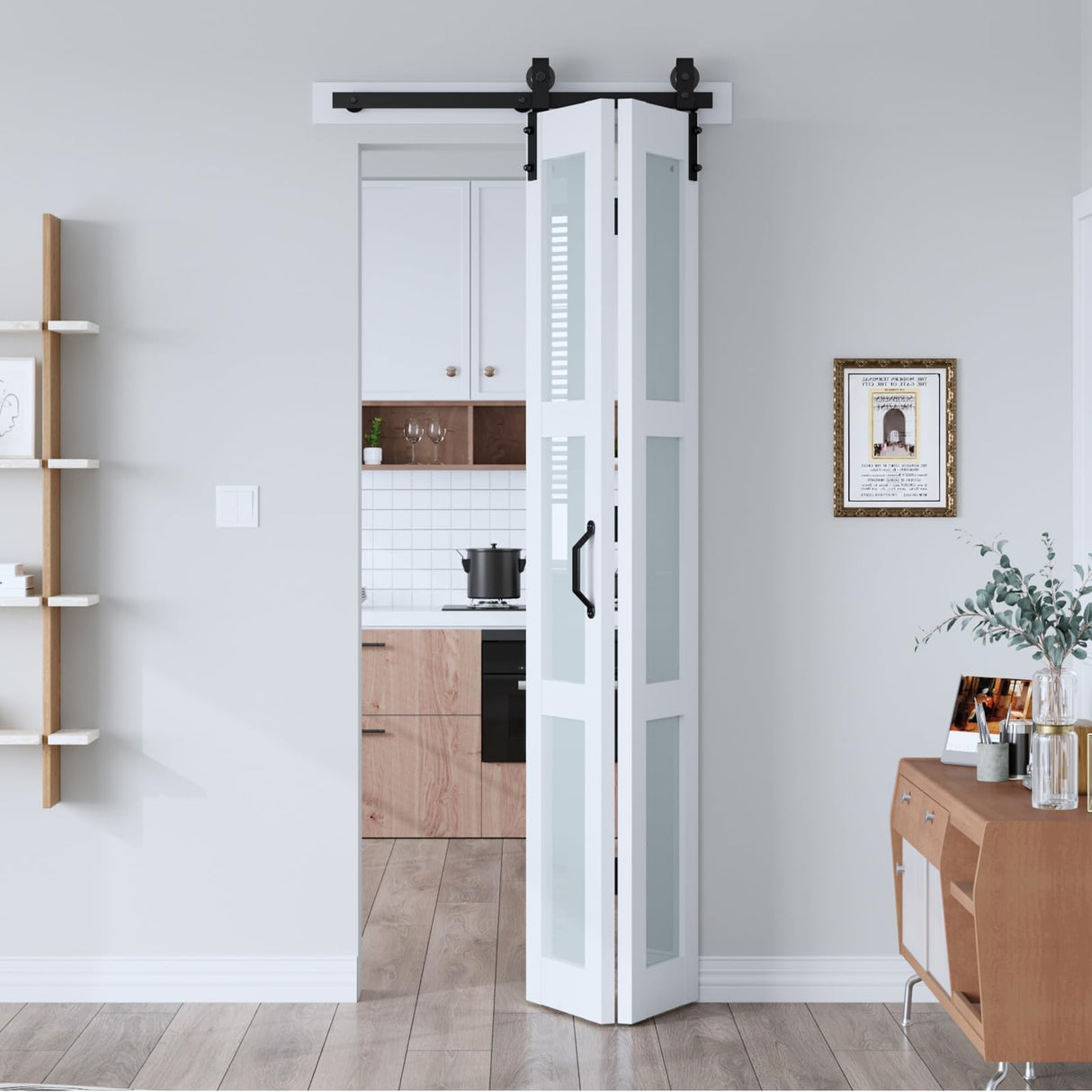 EaseLife 30"x 84" (Double 15" x 84" Doors) Bifold Barn Door, Bifold Sliding Barn Door with Hardware Kit Included, Solid MDF Wood Slab Covered with Water-Proof PVC Surface, Frosted Glass Panel EaseLife