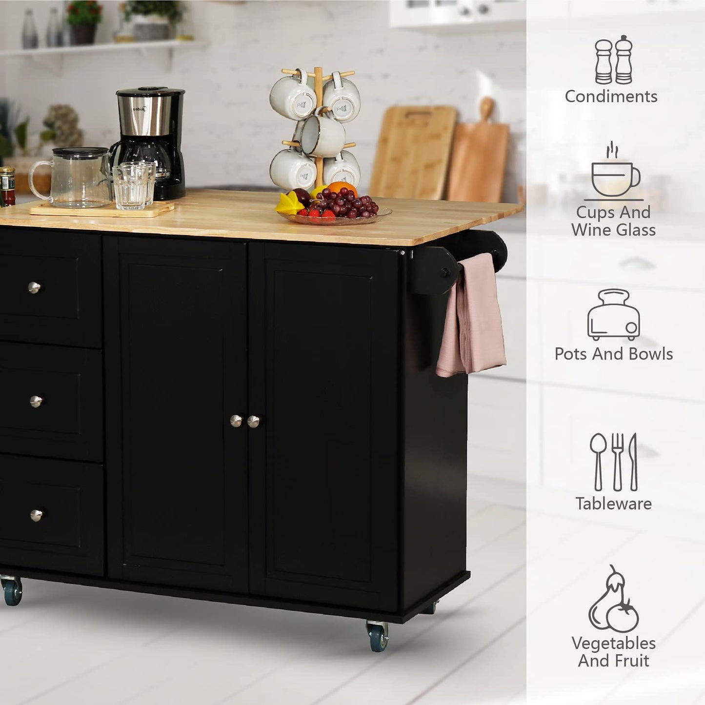 MFSTUDIO Rolling Kitchen Island on Wheels with Drop-Leaf, Mobile Kitchen Island Cart with 3 Drawers Storage Cabinet, Wood Countertop, Adjustable Shelf, Towel Bar and Spice Rack for Dining Roo - WoodArtSupply