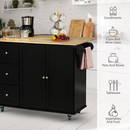 MFSTUDIO Rolling Kitchen Island on Wheels with Drop-Leaf, Mobile Kitchen Island Cart with 3 Drawers Storage Cabinet, Wood Countertop, Adjustable Shelf, Towel Bar and Spice Rack for Dining Roo - WoodArtSupply