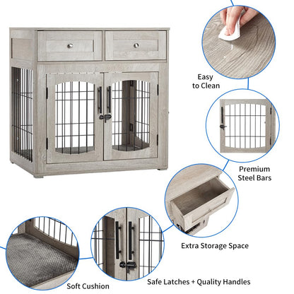 Dog Crate Furniture with 3 Doors,31.5" Large Dog Crate with 2 Drawer & Cushion,Wooden Dog House Kennel for Medium/Large Dog,Dog Crate Table Up to 70 lbs,Indoor End Table Dog House