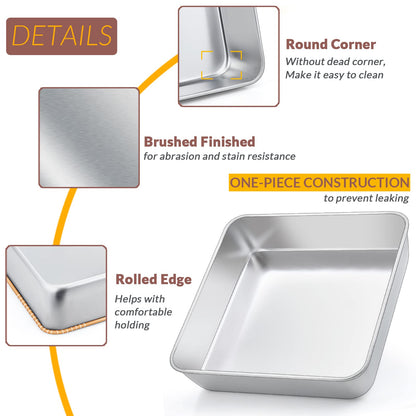 E-far 6/8/9-Inch Square Cake Pan Set, Stainless Steel Square Baking Brownie Pans Metal Bakeware Set of 3, Non-toxic & Healthy, Easy Clean & Dishwasher Safe - WoodArtSupply