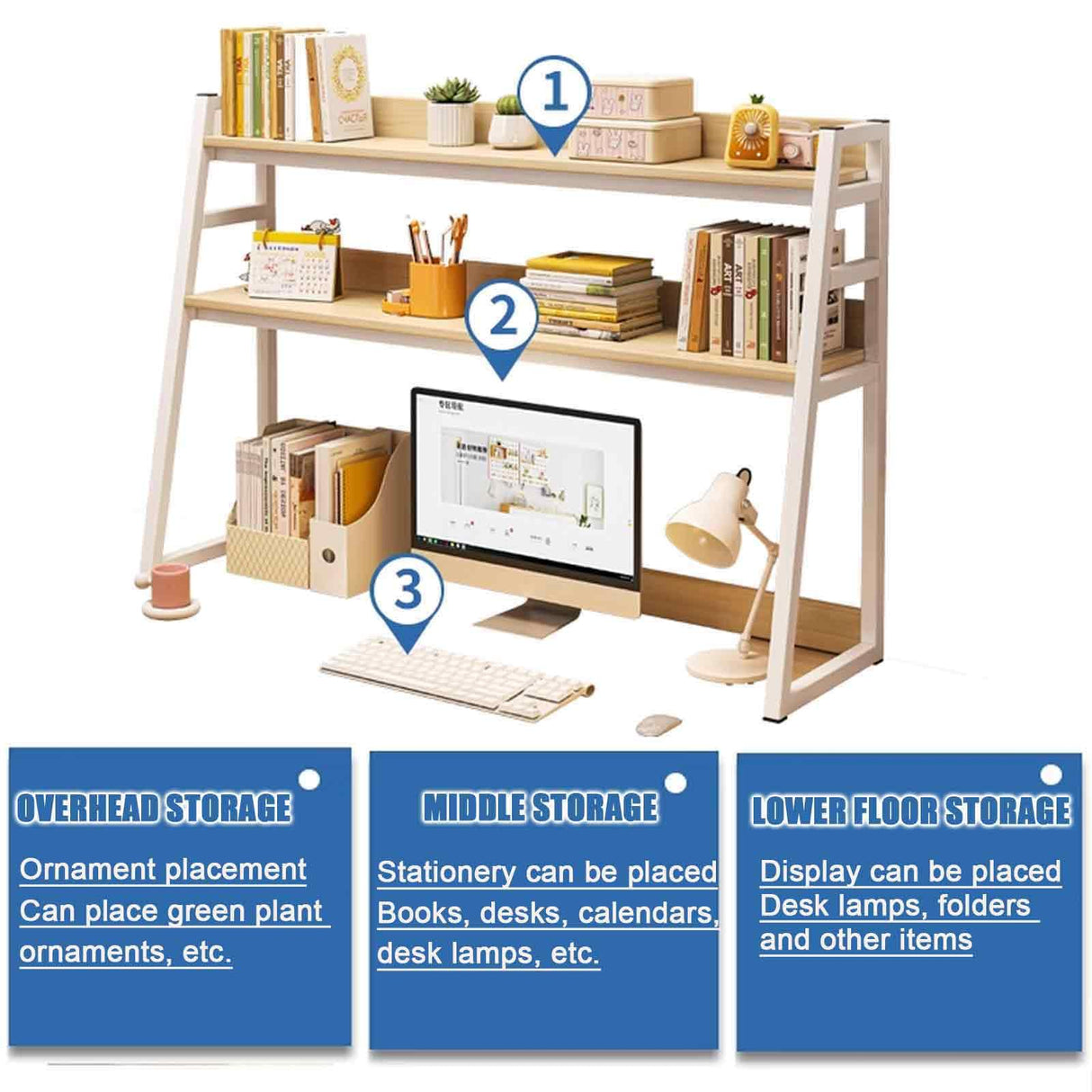 JXCAA Ladder Bookcase for Computer Desk, 2-Tier, 3-Tier, Dorm Room Desk Hutch, Desktop Bookshelf Organizer, Steel Frame, with Installation Tools, Dark Walnut, H 65/90 Cm JXCAA