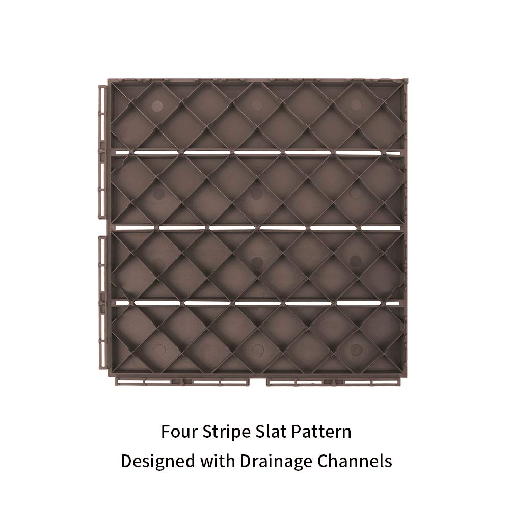 domi outdoor living Patio Deck Tiles, 12 x 12 inches Composite Interlocking Decking Tile, Four Slat Plastic Outdoor Flooring, 27 Pieces One Pack, Dark Brown domi outdoor living
