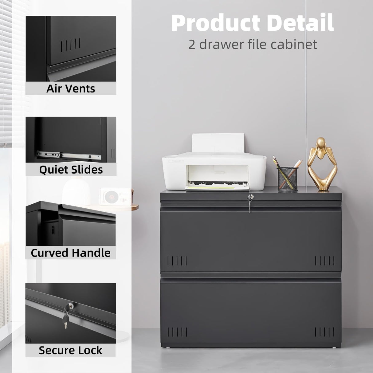 Approgreent 2 Drawer File Cabinet, File Cabinets for Home Office, Printer Stand, File Cabinet with Lock, Lateral Filing Cabinet for A4/Letter/Legal Size File Folders, Assembly Required(Black) Approgreent