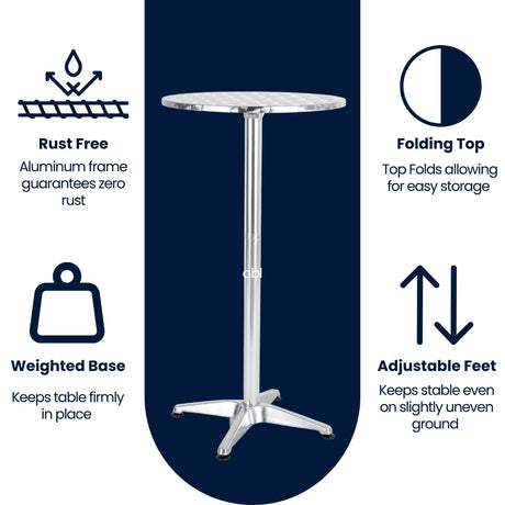 BTEXPERT Aluminum Indoor Outdoor 23.75" Round Restaurant Bar Height 45" Table flip top, Patio Stainless Steel Silver Furniture 25.75" Base BTEXPERT