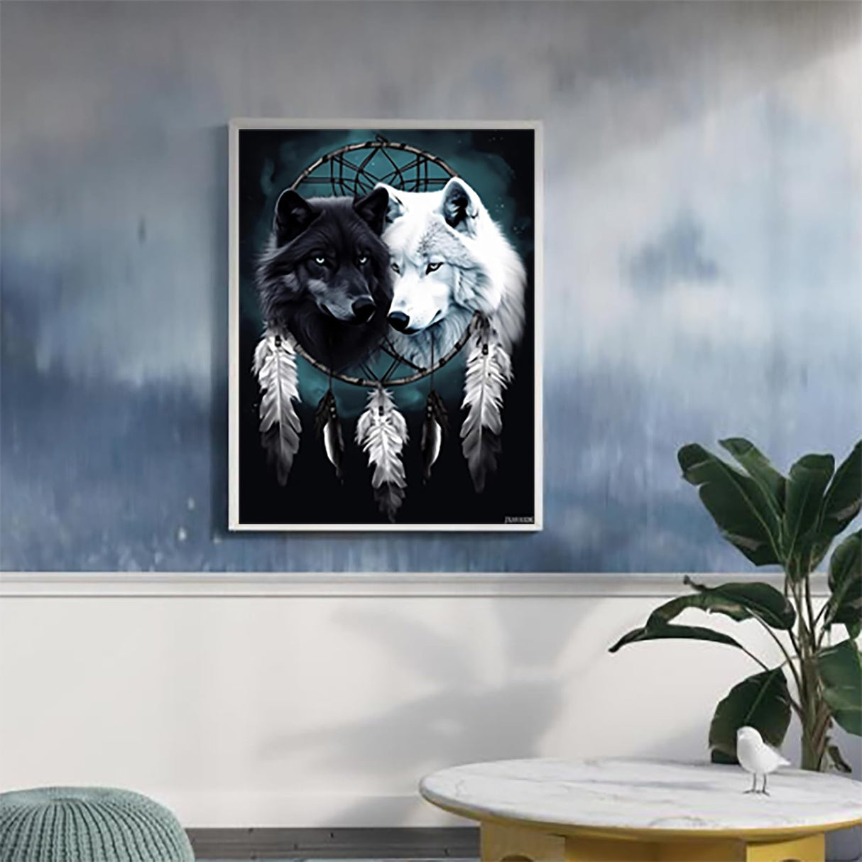 JXAVAXDE 5D Dream Catcher Diamond Painting Kits Black White Wolf in Dream Catcher for Adults, DIY Full Drill Crystal Arts and Crafts, Home Wall Decor Gifts 12x16 inch JXAVAXDE