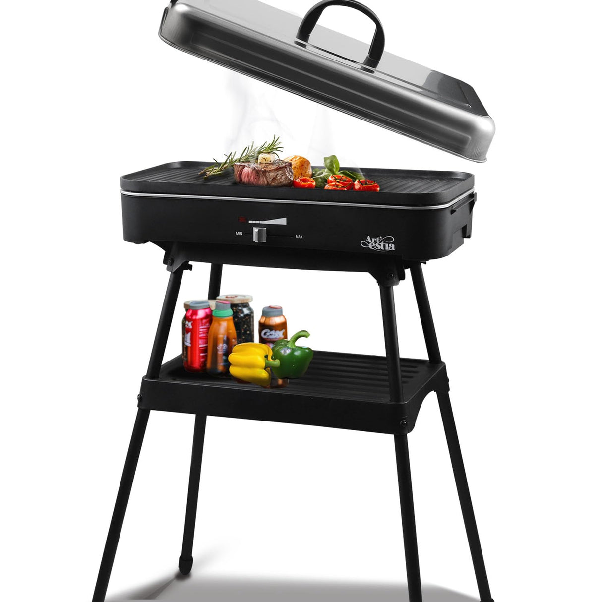 Upgrade Version - Artestia 1800W Electric Outdoor Grill with Lid Indoor Smokeless BBQ Grills with Temperature Control Portable Removable Stand Grill for Cooking, BBQ Party, Family Artestia