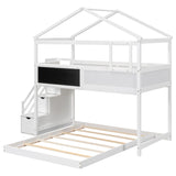 Harper & Bright Designs House Bunk Bed with Stairs,Twin Over Full Bunk Beds with Blackboard,Wood Kids Floor Bunk Bed Frame with Storage Shelves,Space-Saving Design, White Harper & Bright Designs