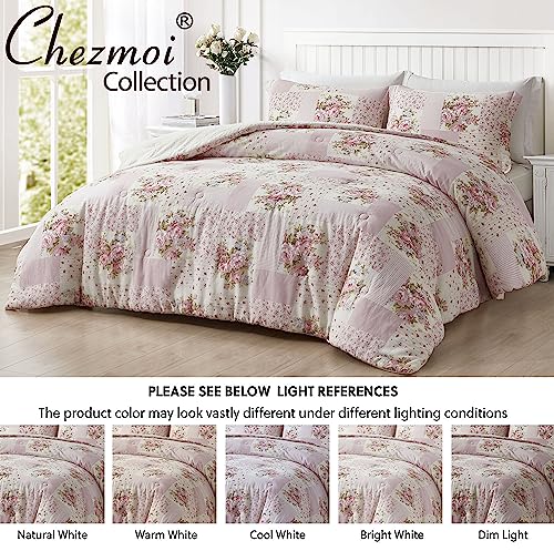 Chezmoi Collection Rosy 3-Piece Full Size Washed Cotton Comforter Set - Floral Bedding Set Ivory Green Pink Flower Polka Dot Printed Patchwork Reversible Lightweight Comforter for All Season Chezmoi Collection