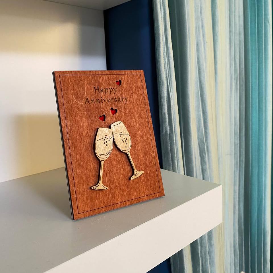 Handmade Wooden Happy Anniversary Card with Holder. Wood Wedding Anniversary Cards for Him, Husband, Her, Wife or Parents, Couple. REYJUK