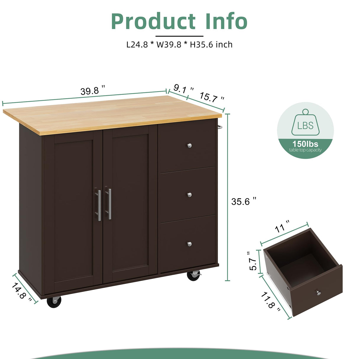 Shintenchi Rolling Kitchen Island Cart with Folding Drop Leaf Breakfast Bar, Portable Trolley Island with Large Storage Cabinet, Shelf and Drawer, Brown Shintenchi