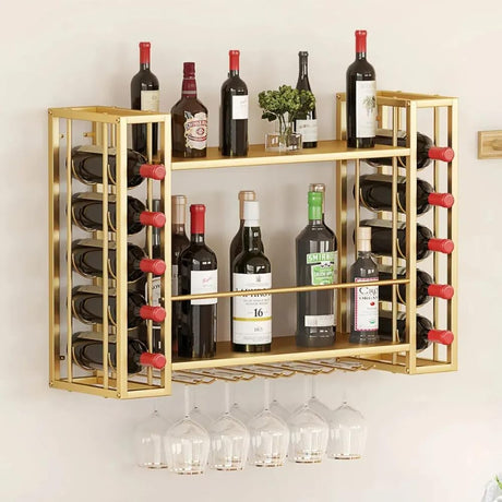 Woskar Wall Mount Wine Rack, Metal Liquor Shelves with Glass Holder, Wine Display Storage for Home Bar, Kitchen, Dining Room, Space-Saving, Stylish & Durable Design, Gold Woskar