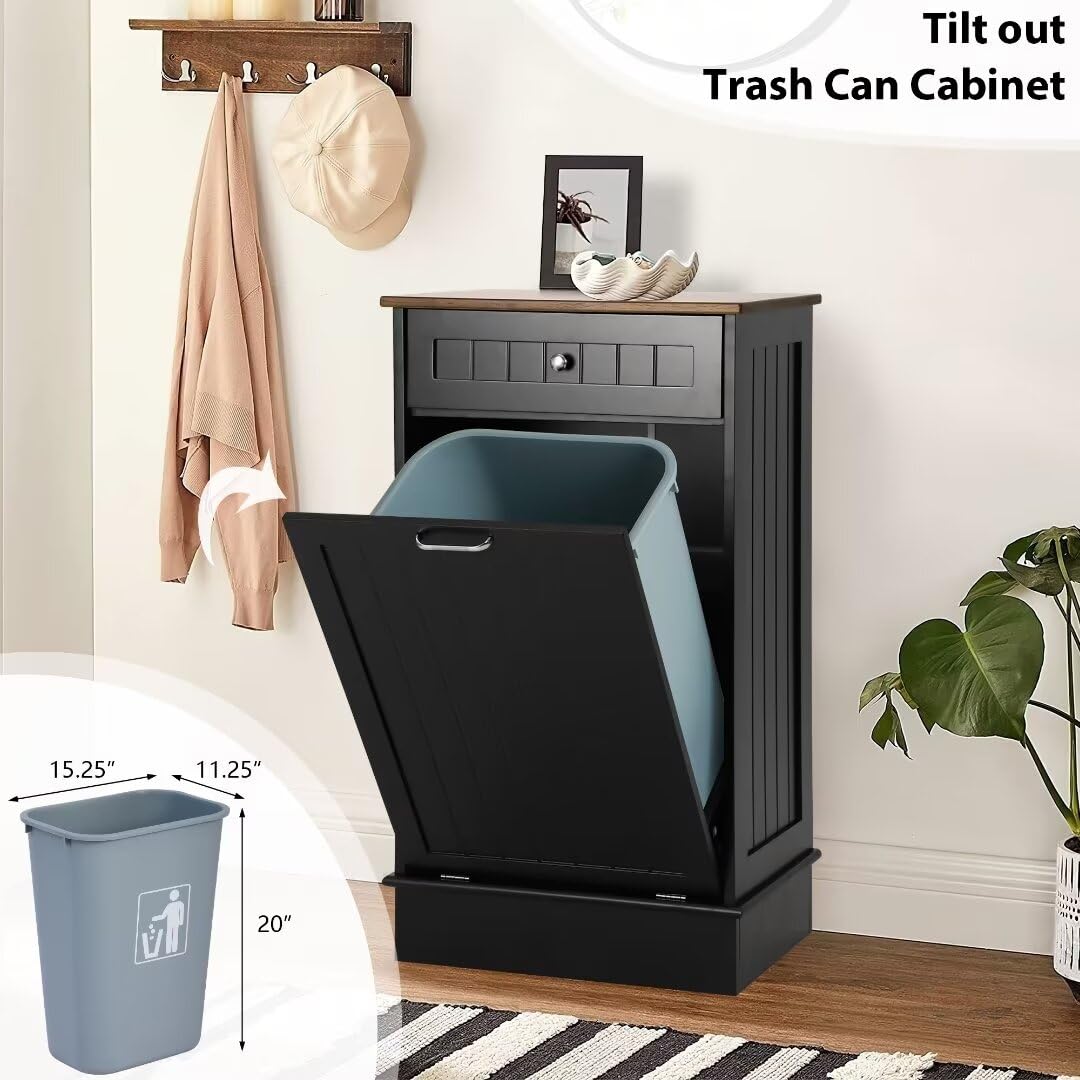 KIGOTY Tilt Out Trash Can Cabinet Wooden Kitchen Single Pull Out Trash Can Under Cabinet,Black - WoodArtSupply