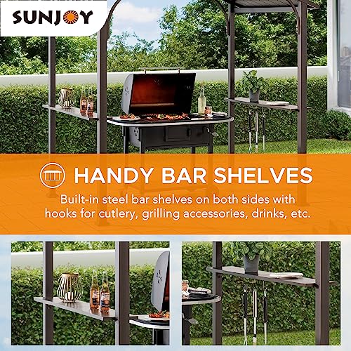 Sunjoy Grill Gazebo 5 ft. x 8 ft. Brown Steel Frame Double Tiered Hardtop Gazebo with Ceiling Hook and Bar Shelves