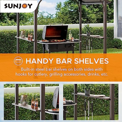 Sunjoy Grill Gazebo 5 ft. x 8 ft. Brown Steel Frame Double Tiered Hardtop Gazebo with Ceiling Hook and Bar Shelves