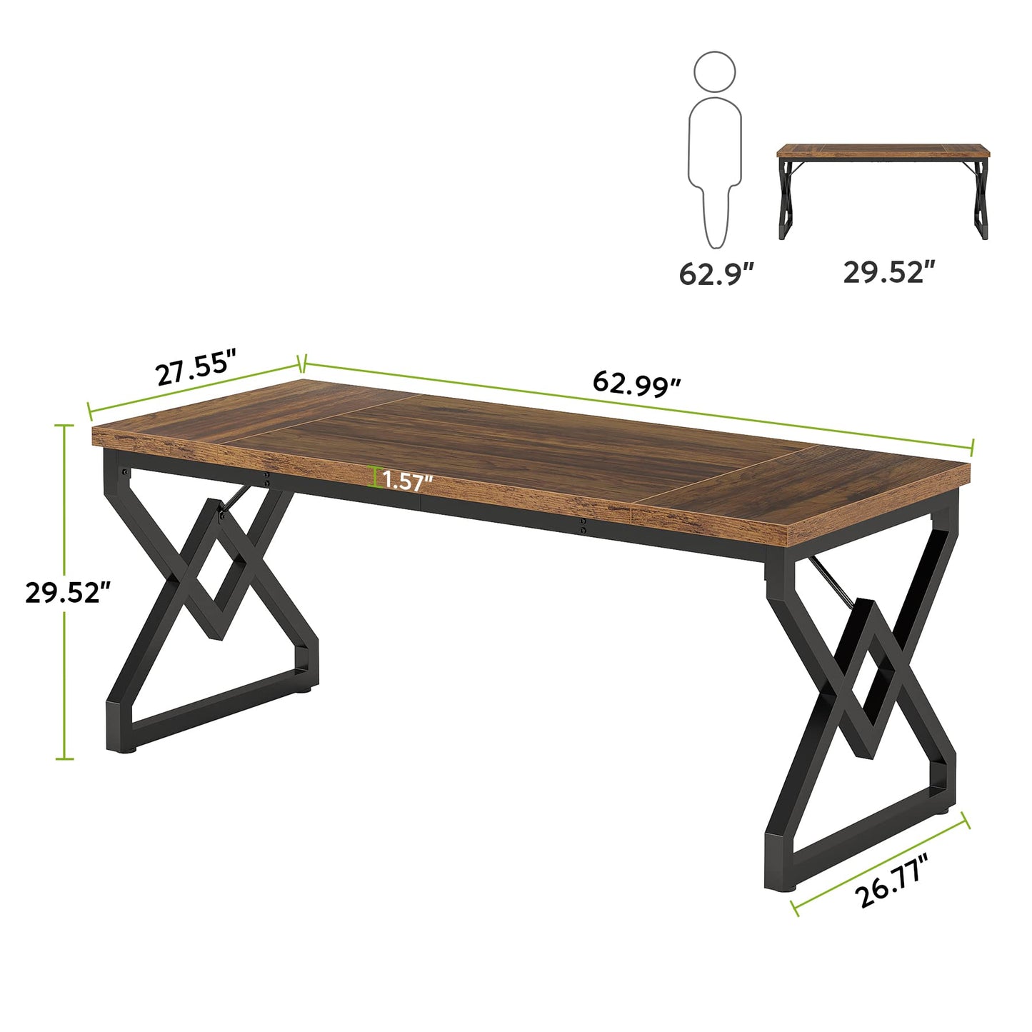 Tribesigns 63 Inch Executive Desk, Large Office Computer Desk with Extra Thick Wooden Tabletop and Metal Frame, Modern Simple Workstation Writing Table Study Desk for Home Office, Vintage Bro - WoodArtSupply