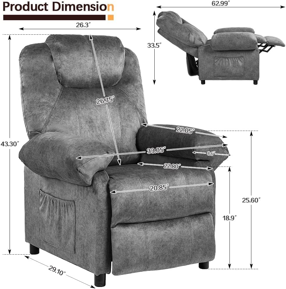 KCREAM Grey Overstuffed Massage Recliner Chair Living Room Chairs for Adults with Side Pockets Fabric Manual Small Recliner with Heating Push Back Recliner Single Sofa Chair KCREAM