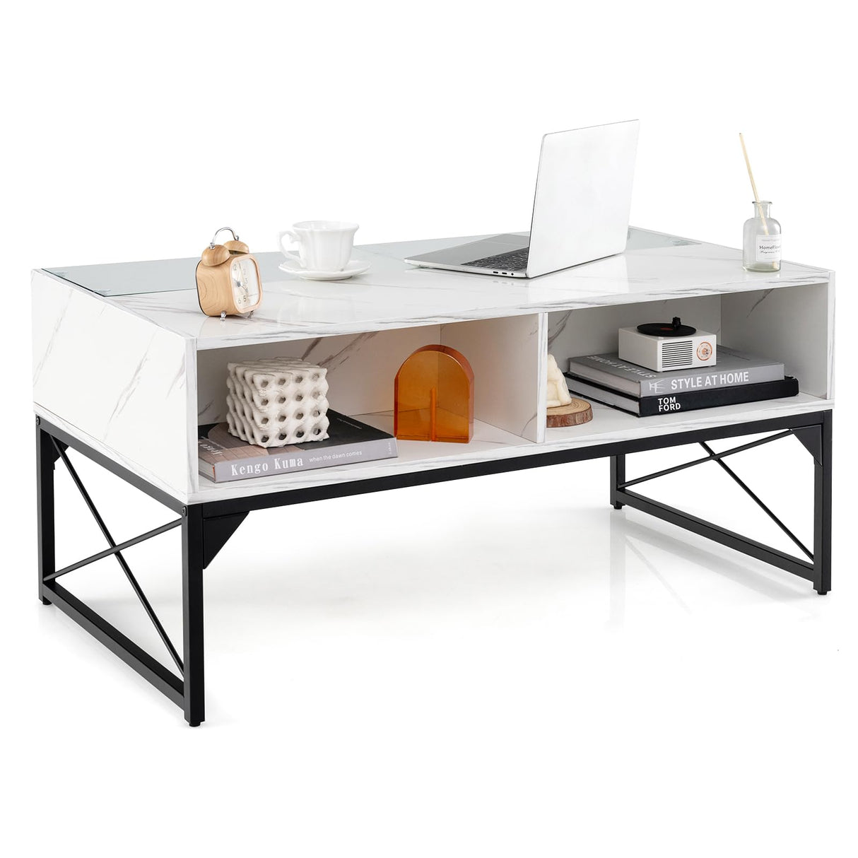 Giantex LED Coffee Table, High Gloss Coffee Tables with 4 Storage Cubes, 20-Color Lights, Remote Control, Faux Marble & Tempered Glass Top, Modern Accent Rectangle Center Table for Living Room (White) Giantex