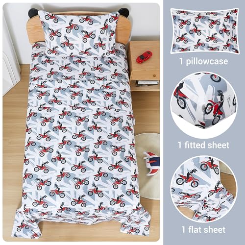 Viviland 3 Pieces Boys Grey Twin Sheet Set - Soft Microfiber Fitted Flat Sheets & Pillowcase - Red Motorcycle Print Bedding Sets - for Kids & Toddlers Viviland